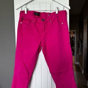 J. Crew, toothpick skinny jeans, bright pink, size 29, used, tiny stains pocket